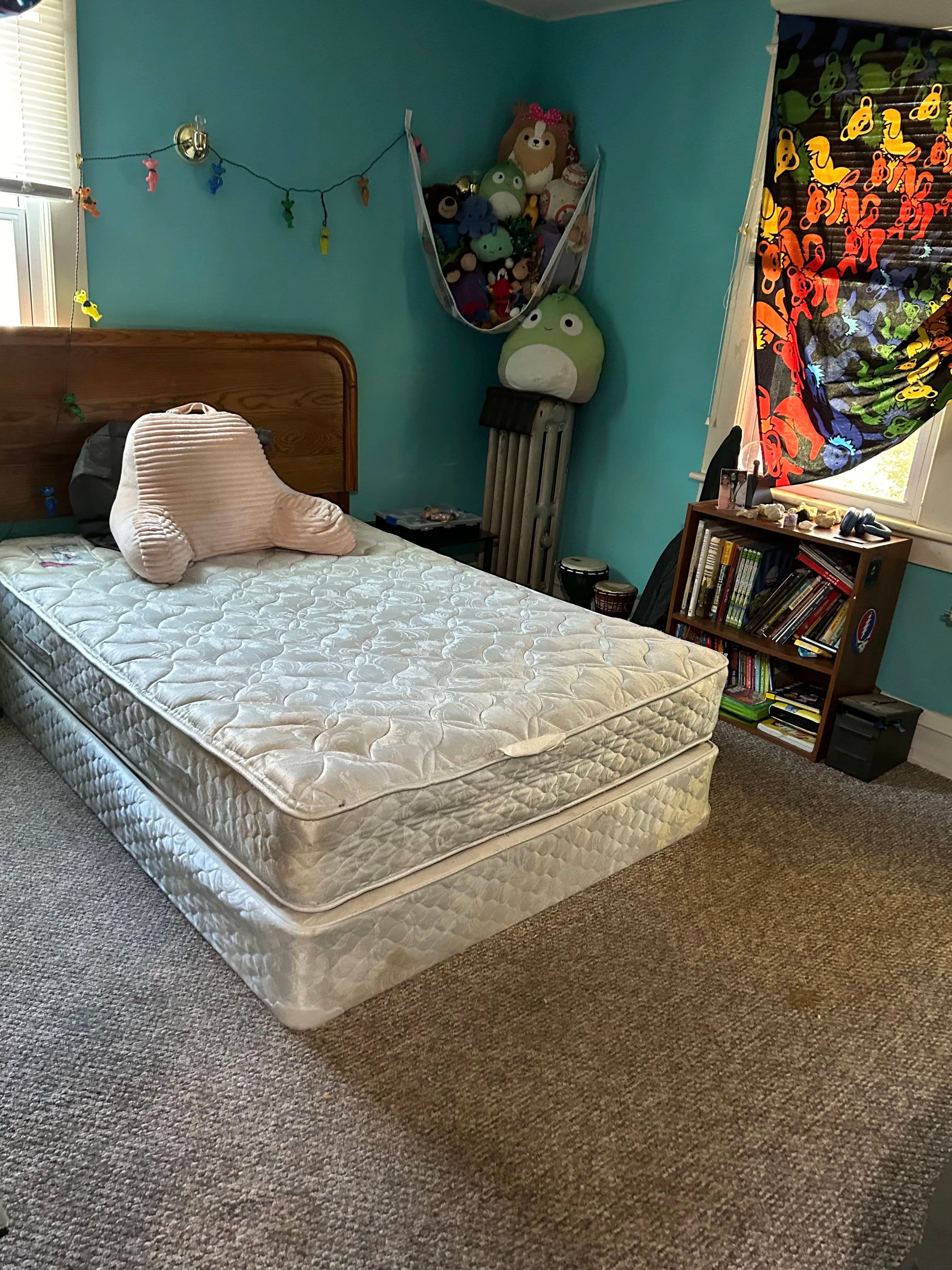 Cozy bedroom with a mattress, colorful walls, stuffed animals, and a bookshelf.